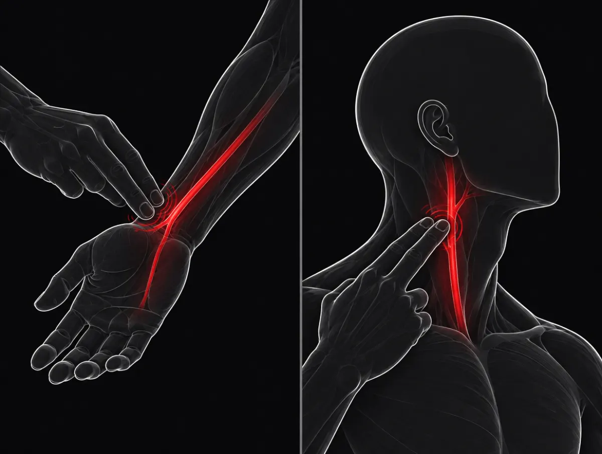 Two fingertips on the thumb side of the wrist, or beside the windpipe on the neck, to find the pulse