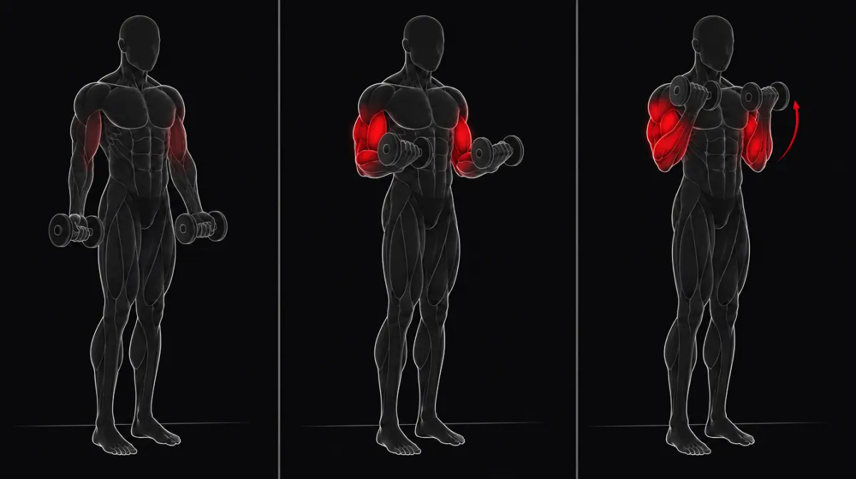 A dumbbell curl set: early reps move easily, late reps slow down, and the last rep grinds up slowly with clean form